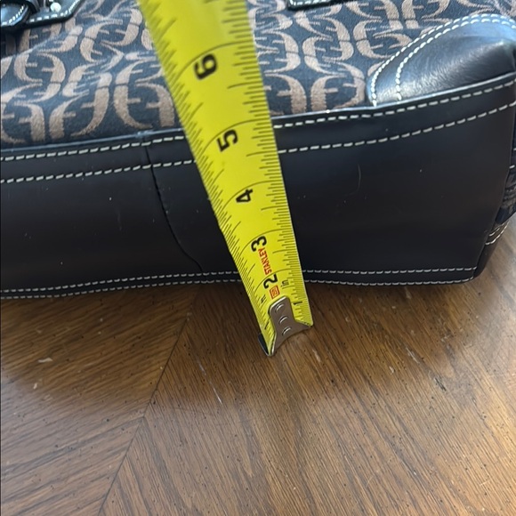 Fossil Brown Monogram Canvas & Black Leather Tote Bag Satchel w/ Stitch Detail - Picture 13 of 13